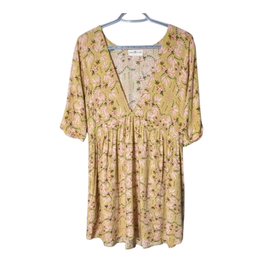 Natural Life Stella V-Neck Mini Dress Gold Leaf Print‎ Size XS/S Relaxed
